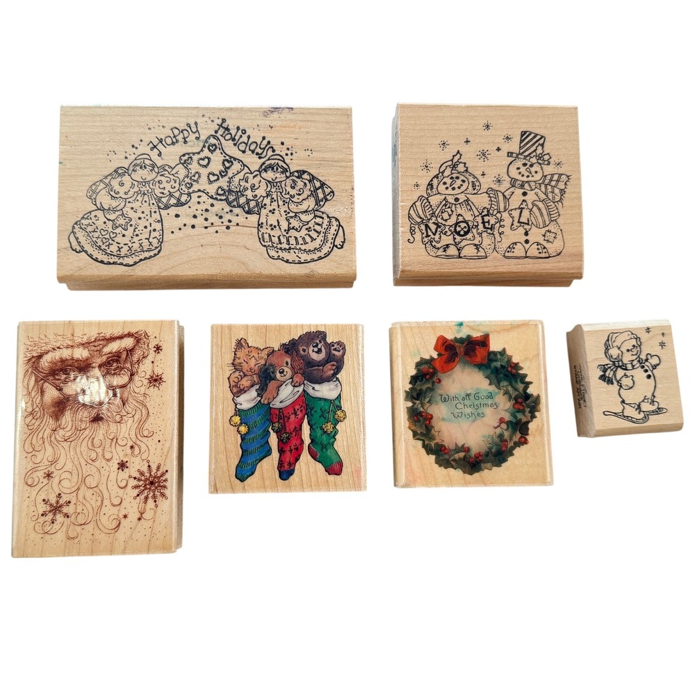 Christmas Rubber Stamp Lot Santa Snowman Angels Tan Wood